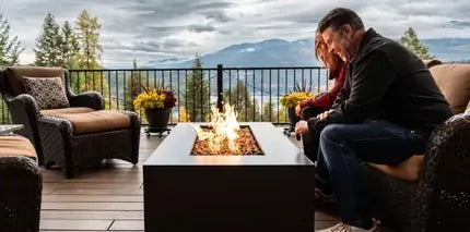 Relaxing backyard with sauna, fire pit, and water fountain for mental wellness