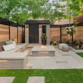 Beautiful outdoor space with firepit and seating