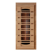 golden designs gdi-8035-03 3 person infrared sauna exterior front view

interior canadian hemlock bench and salt bar golden designs 3 person infrared sauna

infrared heating panels inside golden designs gdi-8035-03 near zero emf

chromotherapy lighting and tempered glass door golden designs 3 person infrared sauna with salt bar