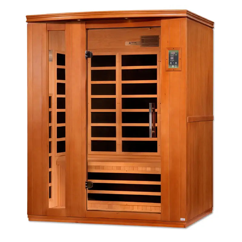 golden designs lugano 3 person infrared sauna exterior front view

interior canadian hemlock benches and infrared heating panels inside lugano sauna

carbon low emf infrared panels golden designs lugano sauna

chromotherapy lighting and tempered glass door golden designs lugano indoor sauna