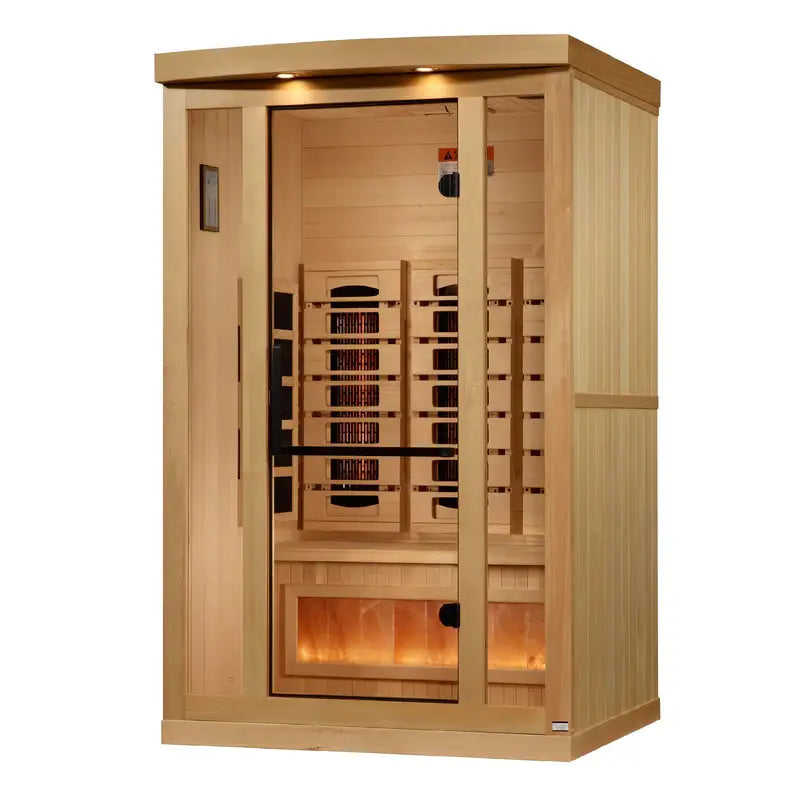 golden designs gdi-8020-03 2 person infrared sauna exterior front view

interior canadian hemlock golden designs 2 person infrared sauna bench and salt bar

infrared panels inside golden designs gdi-8020-03 near zero emf

chromotherapy lighting and bluetooth stereo golden designs reserve edition sauna