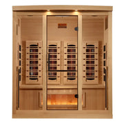 golden designs 4 person infrared sauna gdi-8040-03 exterior front view

interior canadian hemlock 4 person infrared sauna bench and salt bar

infrared heating panels inside golden designs full spectrum sauna near zero emf

chromotherapy lighting and tempered glass door golden designs 4 person infrared sauna