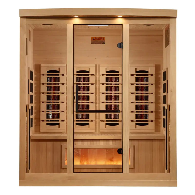 golden designs 4 person infrared sauna gdi-8040-03 exterior front view

interior canadian hemlock 4 person infrared sauna bench and salt bar

infrared heating panels inside golden designs full spectrum sauna near zero emf

chromotherapy lighting and tempered glass door golden designs 4 person infrared sauna