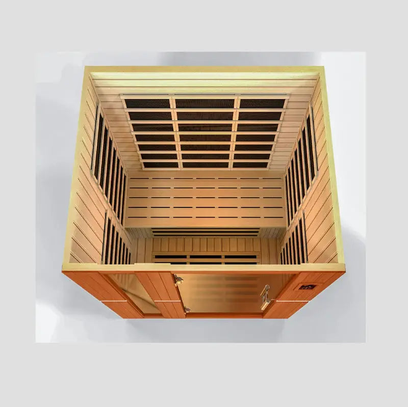 golden designs lugano 3 person infrared sauna exterior front view

interior canadian hemlock benches and infrared heating panels inside lugano sauna

carbon low emf infrared panels golden designs lugano sauna

chromotherapy lighting and tempered glass door golden designs lugano indoor sauna