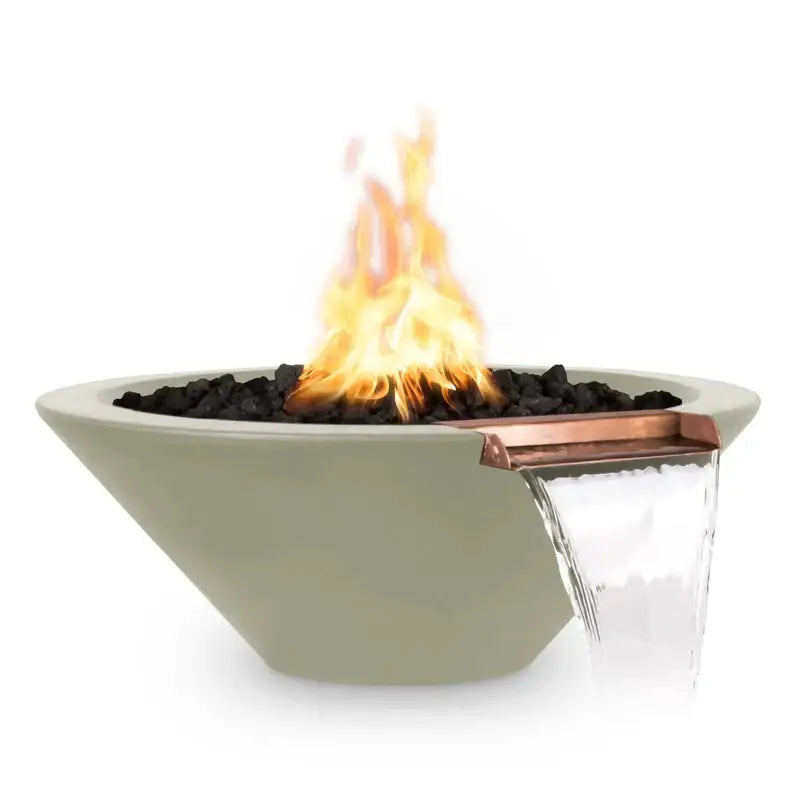 the outdoor plus cazo fire and water bowl exterior view

the outdoor plus cazo hammered copper fire water bowl patio setup

the outdoor plus cazo fire and water feature lit at night with flame and water

the outdoor plus cazo copper fire and water bowl stainless steel burner close up