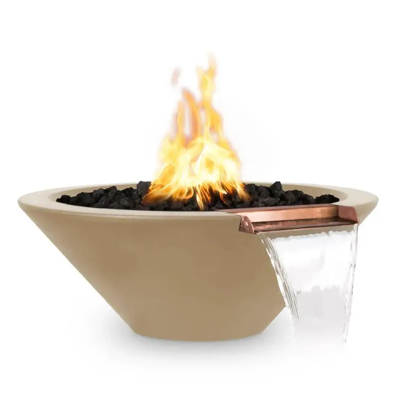 the outdoor plus cazo fire and water bowl exterior view

the outdoor plus cazo hammered copper fire water bowl patio setup

the outdoor plus cazo fire and water feature lit at night with flame and water

the outdoor plus cazo copper fire and water bowl stainless steel burner close up
