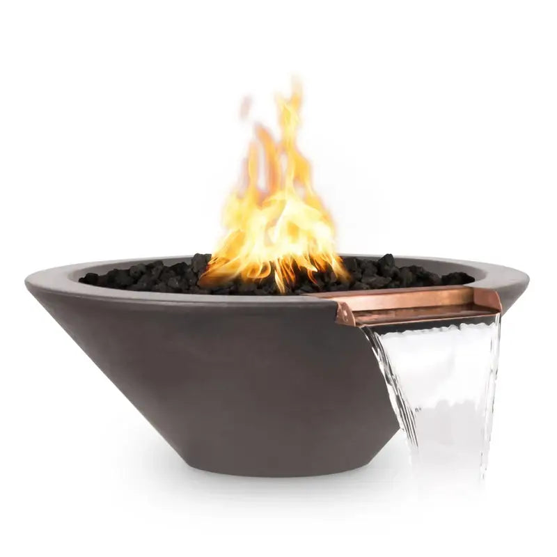 the outdoor plus cazo fire and water bowl exterior view

the outdoor plus cazo hammered copper fire water bowl patio setup

the outdoor plus cazo fire and water feature lit at night with flame and water

the outdoor plus cazo copper fire and water bowl stainless steel burner close up