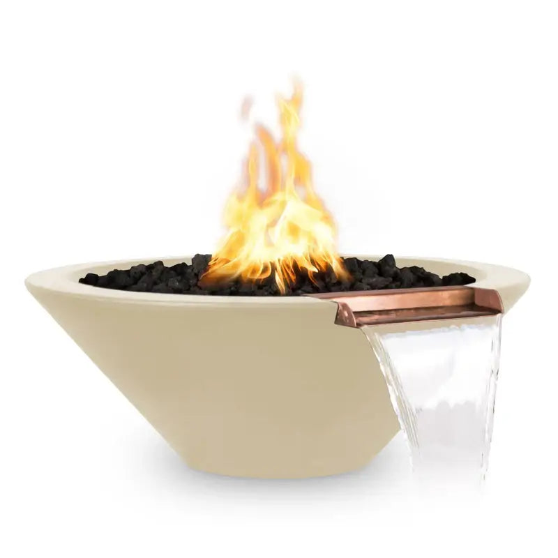 the outdoor plus cazo fire and water bowl exterior view

the outdoor plus cazo hammered copper fire water bowl patio setup

the outdoor plus cazo fire and water feature lit at night with flame and water

the outdoor plus cazo copper fire and water bowl stainless steel burner close up