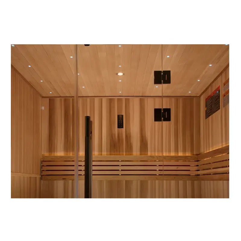 golden designs copenhagen 3 person traditional sauna exterior front view

interior canadian red cedar benches and stove of copenhagen sauna

tempered glass door golden designs copenhagen sauna

galaxy star ceiling lighting and wood interior golden designs copenhagen sauna
