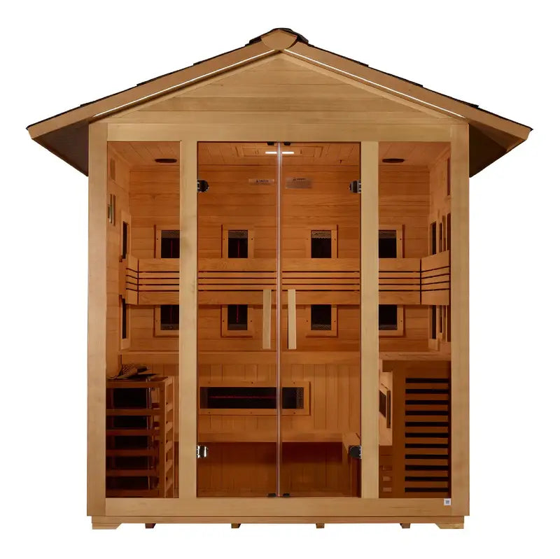 golden designs gargellen 5 person hybrid outdoor sauna front view

interior canadian hemlock wood golden designs gargellen hybrid outdoor sauna seating five

full spectrum infrared panels golden designs gargellen 5 person outdoor sauna

bronze privacy tempered glass door golden designs gargellen 5 person outdoor hybrid sauna exterior