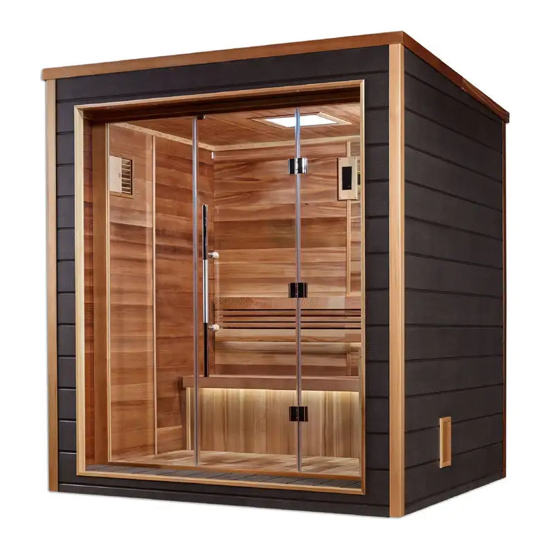 golden designs drammen 3 person indoor outdoor steam sauna front view

interior canadian red cedar golden designs drammen sauna seating three

8kw traditional stove electrical 240v 40amp golden designs drammen sauna

chromotherapy lighting and bluetooth audio golden designs drammen sauna exterior finish