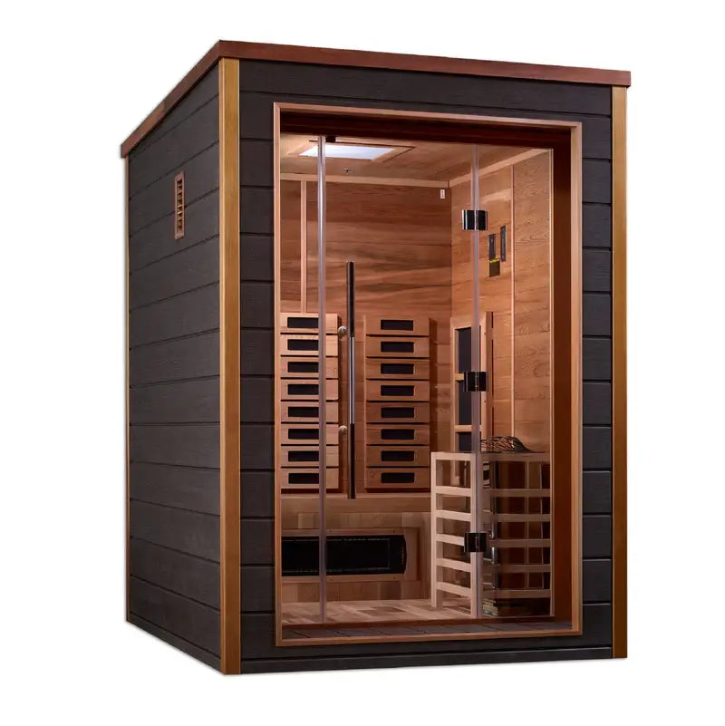 golden designs nora 2 person hybrid indoor outdoor sauna front view

interior canadian red cedar golden designs nora 2 person hybrid sauna seating two

full spectrum infrared panels golden designs nora 2 person hybrid sauna

6kw traditional stove golden designs nora 2 person indoor outdoor sauna electrical requirements