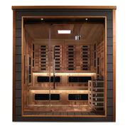 golden designs karlstad 6 person hybrid outdoor sauna exterior front

interior canadian red cedar seating six in karlstad hybrid sauna

infrared panels and 8kw stove inside golden designs karlstad sauna

chromotherapy lighting ceiling golden designs karlstad outdoor sauna