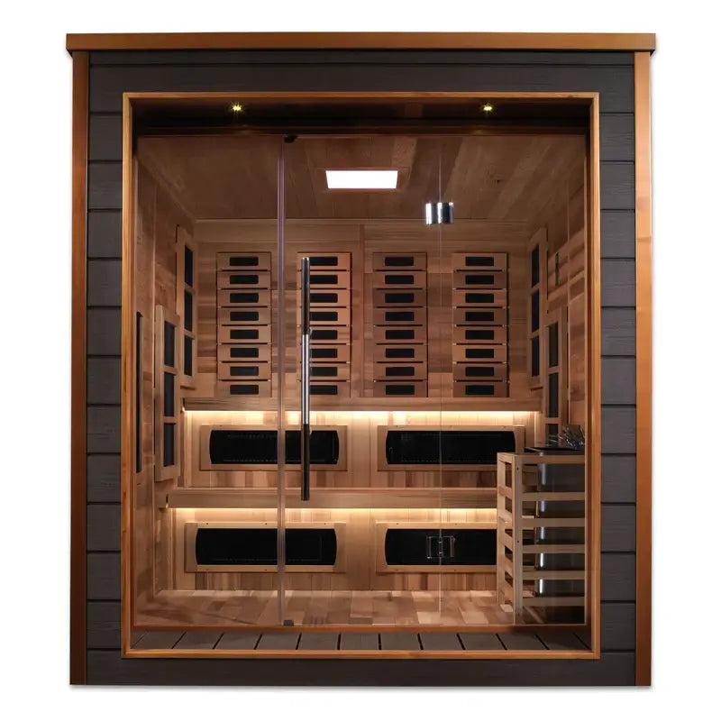 golden designs karlstad 6 person hybrid outdoor sauna exterior front

interior canadian red cedar seating six in karlstad hybrid sauna

infrared panels and 8kw stove inside golden designs karlstad sauna

chromotherapy lighting ceiling golden designs karlstad outdoor sauna