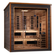 golden designs karlstad 6 person hybrid outdoor sauna exterior front

interior canadian red cedar seating six in karlstad hybrid sauna

infrared panels and 8kw stove inside golden designs karlstad sauna

chromotherapy lighting ceiling golden designs karlstad outdoor sauna