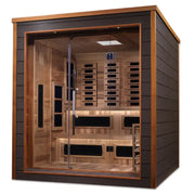golden designs karlstad 6 person hybrid outdoor sauna exterior front

interior canadian red cedar seating six in karlstad hybrid sauna

infrared panels and 8kw stove inside golden designs karlstad sauna

chromotherapy lighting ceiling golden designs karlstad outdoor sauna