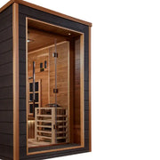 golden designs karlstad 6 person hybrid outdoor sauna exterior front

interior canadian red cedar seating six in karlstad hybrid sauna

infrared panels and 8kw stove inside golden designs karlstad sauna

chromotherapy lighting ceiling golden designs karlstad outdoor sauna
