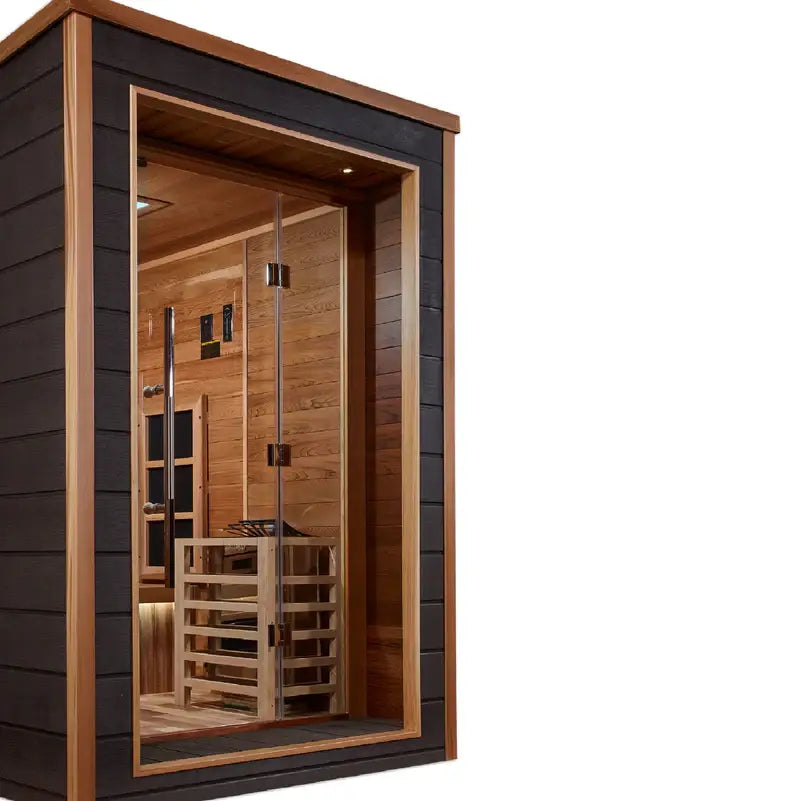 golden designs karlstad 6 person hybrid outdoor sauna exterior front

interior canadian red cedar seating six in karlstad hybrid sauna

infrared panels and 8kw stove inside golden designs karlstad sauna

chromotherapy lighting ceiling golden designs karlstad outdoor sauna