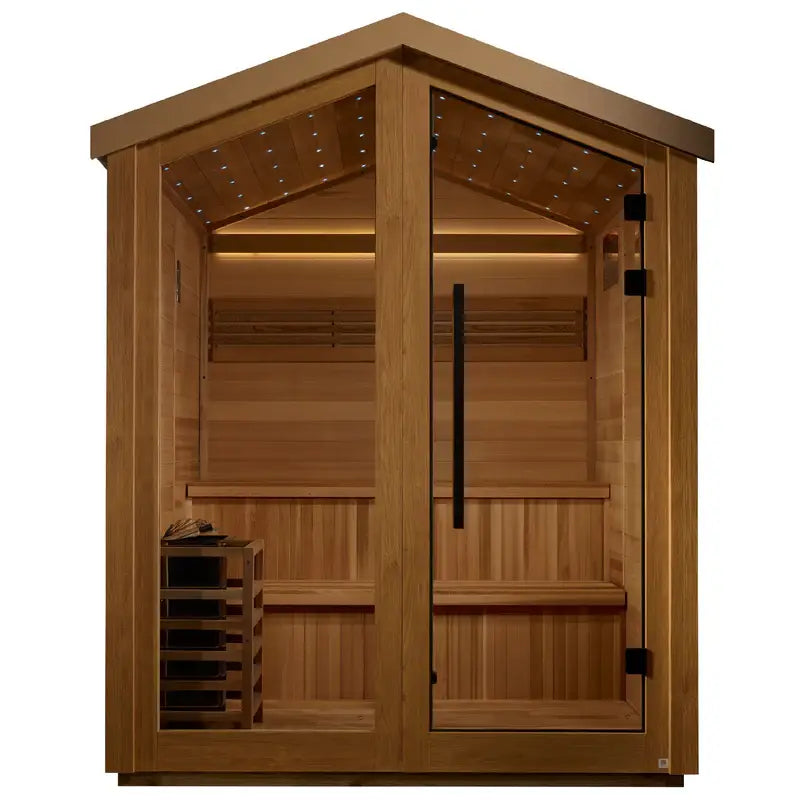 golden designs loviisa 3 person hybrid outdoor sauna front view

interior canadian red cedar golden designs loviisa hybrid sauna seating three

infrared panels and traditional stove golden designs loviisa sauna

galaxy star ceiling lighting golden designs loviisa outdoor hybrid sauna