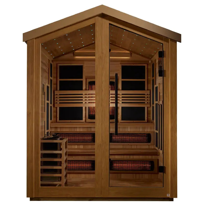golden designs kaskinen 6 person hybrid outdoor sauna front view

interior canadian red cedar seats six in kaskinen hybrid sauna

infrared emitters and traditional stove golden designs kaskinen sauna

galaxy star ceiling lighting golden designs kaskinen outdoor sauna