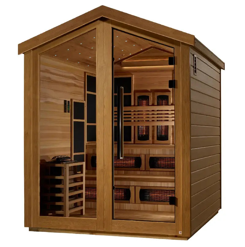 golden designs kaskinen 6 person hybrid outdoor sauna front view

interior canadian red cedar seats six in kaskinen hybrid sauna

infrared emitters and traditional stove golden designs kaskinen sauna

galaxy star ceiling lighting golden designs kaskinen outdoor sauna