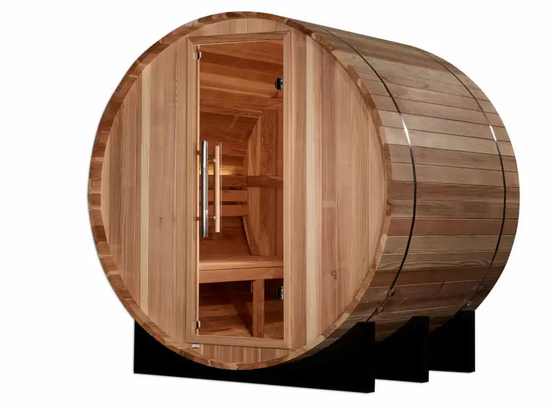 golden designs st moritz 2 person barrel outdoor sauna front view

cedar wood barrel sauna by golden designs side angle

2 person traditional outdoor sauna interior seating and heater

bronze tempered glass door golden designs st moritz sauna