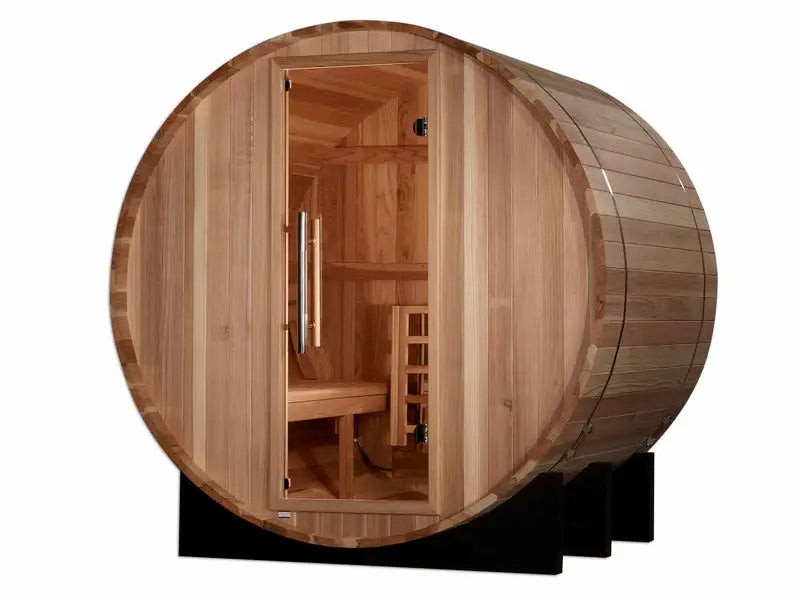 golden designs st moritz 2 person barrel outdoor sauna front view

cedar wood barrel sauna by golden designs side angle

2 person traditional outdoor sauna interior seating and heater

bronze tempered glass door golden designs st moritz sauna