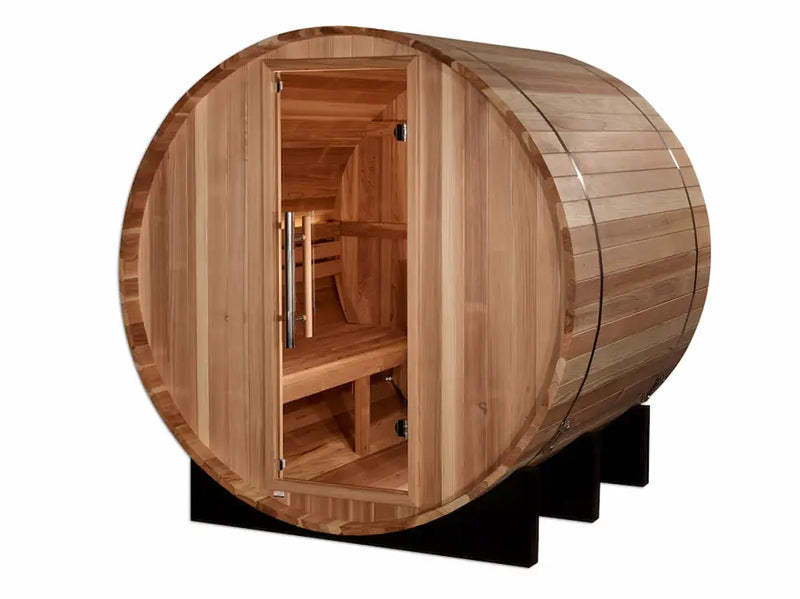 golden designs st moritz 2 person barrel outdoor sauna front view

cedar wood barrel sauna by golden designs side angle

2 person traditional outdoor sauna interior seating and heater

bronze tempered glass door golden designs st moritz sauna