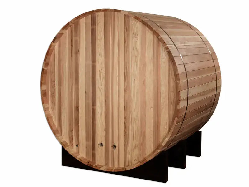 golden designs st moritz 2 person barrel outdoor sauna front view

cedar wood barrel sauna by golden designs side angle

2 person traditional outdoor sauna interior seating and heater

bronze tempered glass door golden designs st moritz sauna