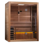 golden designs hanko 2 person traditional sauna exterior front view

interior red cedar benches and heater inside golden designs hanko sauna

tempered glass door entrance golden designs hanko sauna

chromotherapy lighting and wood interior golden designs hanko sauna