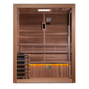 golden designs hanko 2 person traditional sauna exterior front view

interior red cedar benches and heater inside golden designs hanko sauna

tempered glass door entrance golden designs hanko sauna

chromotherapy lighting and wood interior golden designs hanko sauna