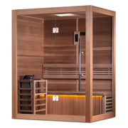 golden designs hanko 2 person traditional sauna exterior front view

interior red cedar benches and heater inside golden designs hanko sauna

tempered glass door entrance golden designs hanko sauna

chromotherapy lighting and wood interior golden designs hanko sauna