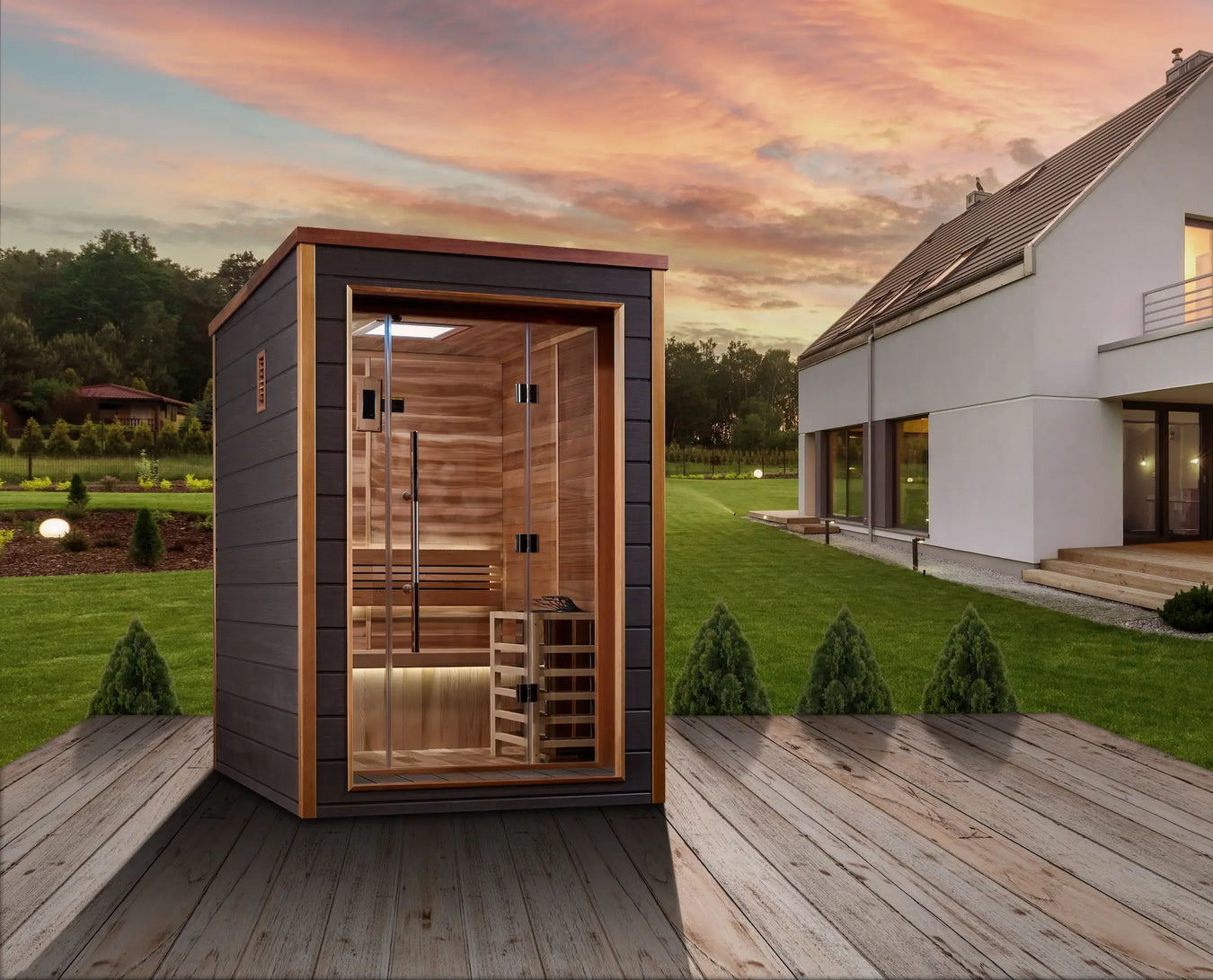 “Luxury outdoor cedar sauna in a backyard wellness retreat”