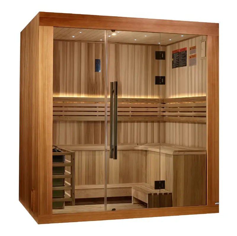 golden designs copenhagen 3 person traditional sauna exterior front view

interior canadian red cedar benches and stove of copenhagen sauna

tempered glass door golden designs copenhagen sauna

galaxy star ceiling lighting and wood interior golden designs copenhagen sauna