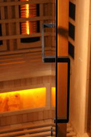 golden designs 4 person infrared sauna gdi-8040-03 exterior front view

interior canadian hemlock 4 person infrared sauna bench and salt bar

infrared heating panels inside golden designs full spectrum sauna near zero emf

chromotherapy lighting and tempered glass door golden designs 4 person infrared sauna
