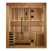golden designs copenhagen 3 person traditional sauna exterior front view

interior canadian red cedar benches and stove of copenhagen sauna

tempered glass door golden designs copenhagen sauna

galaxy star ceiling lighting and wood interior golden designs copenhagen sauna