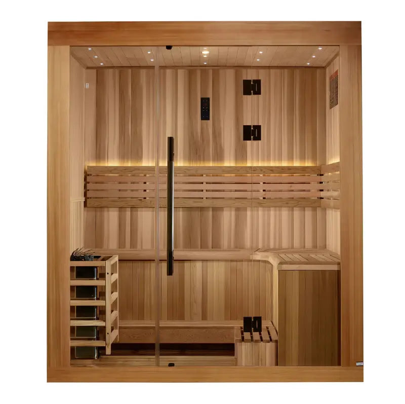 golden designs copenhagen 3 person traditional sauna exterior front view

interior canadian red cedar benches and stove of copenhagen sauna

tempered glass door golden designs copenhagen sauna

galaxy star ceiling lighting and wood interior golden designs copenhagen sauna