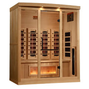 golden designs 4 person infrared sauna gdi-8040-03 exterior front view

interior canadian hemlock 4 person infrared sauna bench and salt bar

infrared heating panels inside golden designs full spectrum sauna near zero emf

chromotherapy lighting and tempered glass door golden designs 4 person infrared sauna