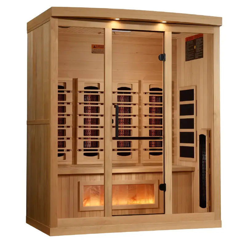 golden designs 4 person infrared sauna gdi-8040-03 exterior front view

interior canadian hemlock 4 person infrared sauna bench and salt bar

infrared heating panels inside golden designs full spectrum sauna near zero emf

chromotherapy lighting and tempered glass door golden designs 4 person infrared sauna