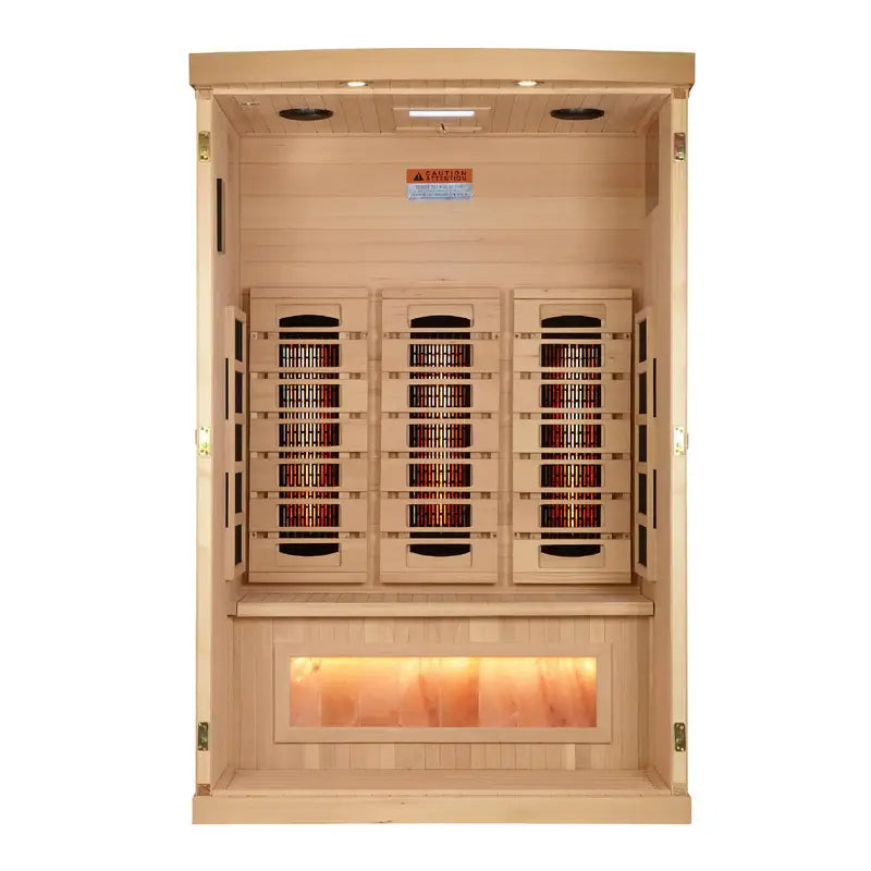 golden designs gdi-8020-03 2 person infrared sauna exterior front view

interior canadian hemlock golden designs 2 person infrared sauna bench and salt bar

infrared panels inside golden designs gdi-8020-03 near zero emf

chromotherapy lighting and bluetooth stereo golden designs reserve edition sauna