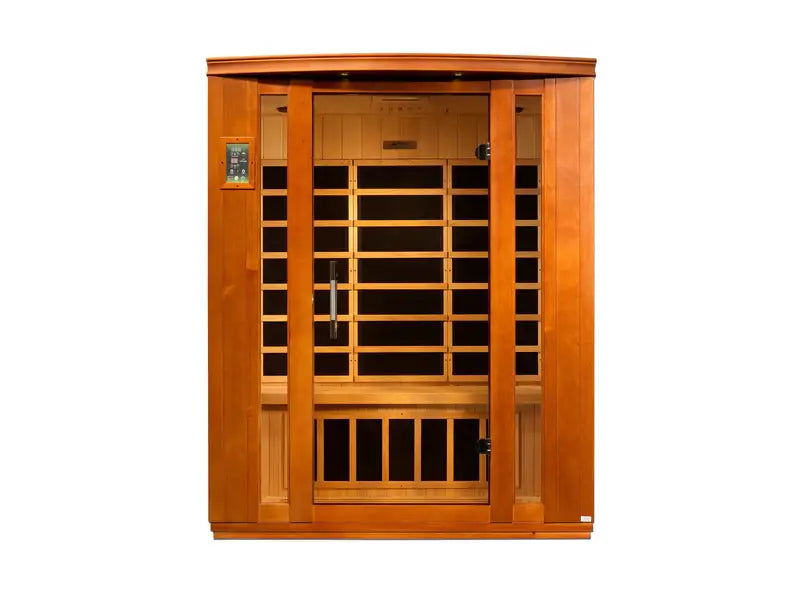 golden designs bellagio 3 person infrared sauna exterior front view

interior canadian hemlock bench and infrared heating panels inside bellagio sauna

carbon far infrared panels golden designs bellagio sauna near zero emf

chromotherapy lighting and tempered glass door golden designs bellagio indoor sauna