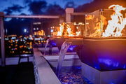 the outdoor plus maya fire and water bowl exterior view

the outdoor plus maya hammered copper fire water bowl patio setup

the outdoor plus maya fire and water feature lit at night with flame and water spillway

the outdoor plus maya copper fire and water bowl stainless steel burner close up