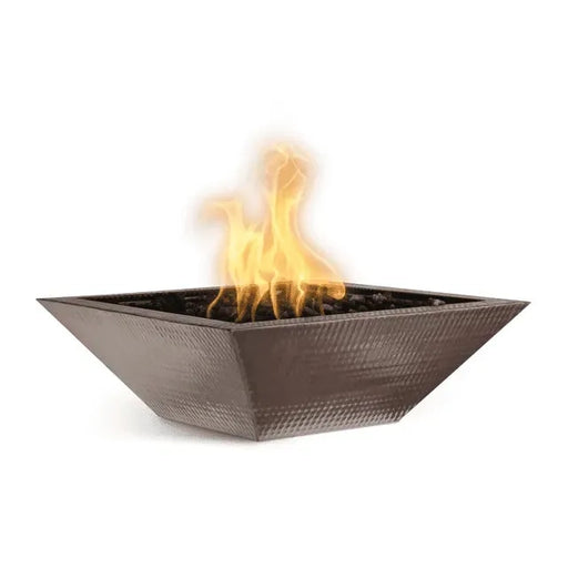 the outdoor plus maya 31 inch hammered patina copper fire bowl exterior view

the outdoor plus maya copper fire bowl round fire pit lit at night

the outdoor plus maya fire bowl patio setup close-up of flame and copper finish

the outdoor plus maya copper fire bowl burner interior detail