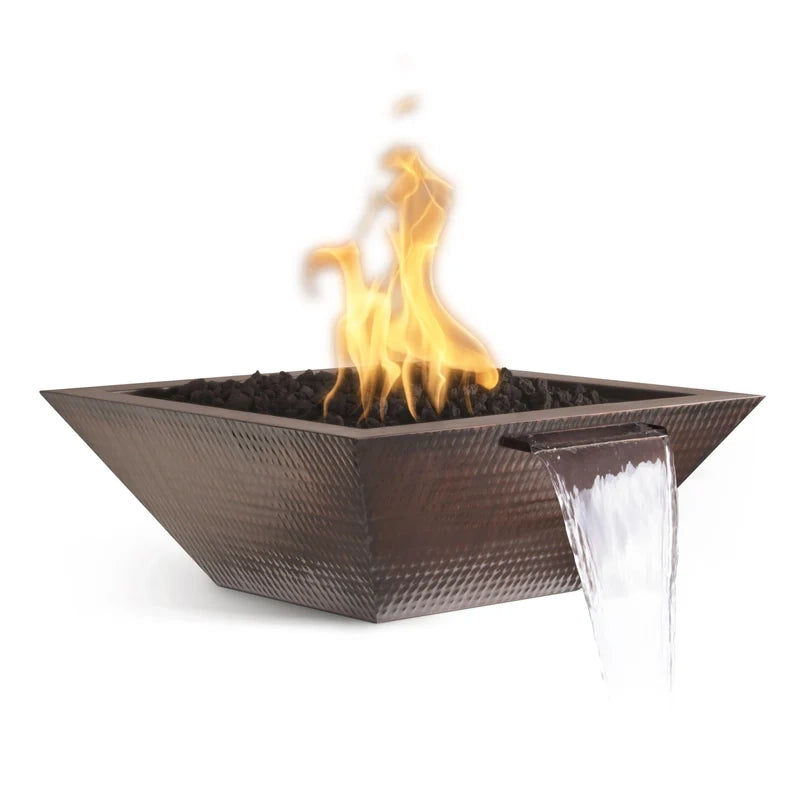 the outdoor plus maya copper fire and water bowl exterior view

the outdoor plus maya hammered copper bowl fire water feature patio setup

the outdoor plus maya fire and water bowl lit at night with flame and water spillway

the outdoor plus maya copper fire bowl stainless steel burner close-up