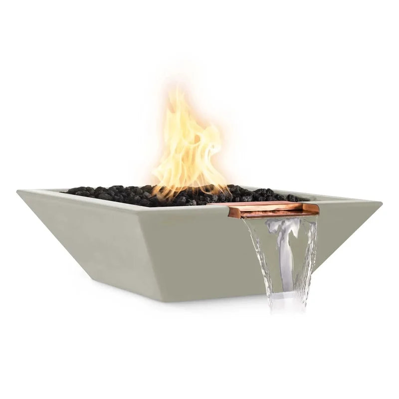 the outdoor plus maya fire and water bowl exterior view

the outdoor plus maya hammered copper fire water bowl patio setup

the outdoor plus maya fire and water feature lit at night with flame and water spillway

the outdoor plus maya copper fire and water bowl stainless steel burner close up