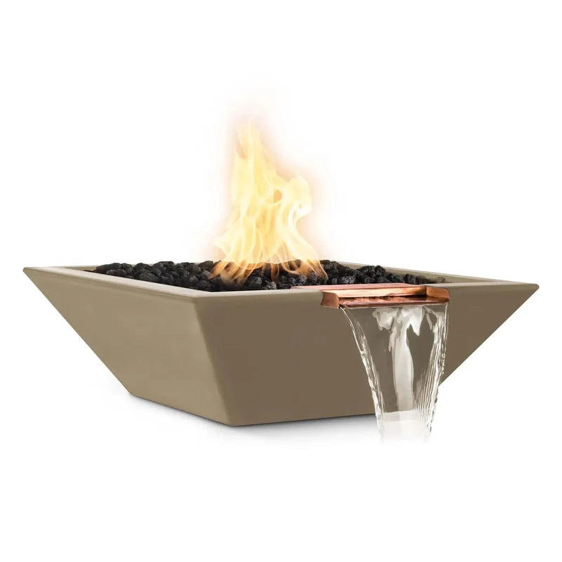 the outdoor plus maya fire and water bowl exterior view

the outdoor plus maya hammered copper fire water bowl patio setup

the outdoor plus maya fire and water feature lit at night with flame and water spillway

the outdoor plus maya copper fire and water bowl stainless steel burner close up