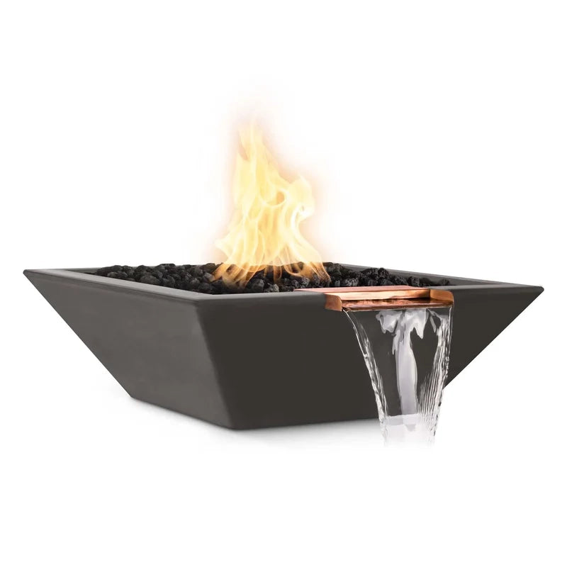 the outdoor plus maya fire and water bowl exterior view

the outdoor plus maya hammered copper fire water bowl patio setup

the outdoor plus maya fire and water feature lit at night with flame and water spillway

the outdoor plus maya copper fire and water bowl stainless steel burner close up
