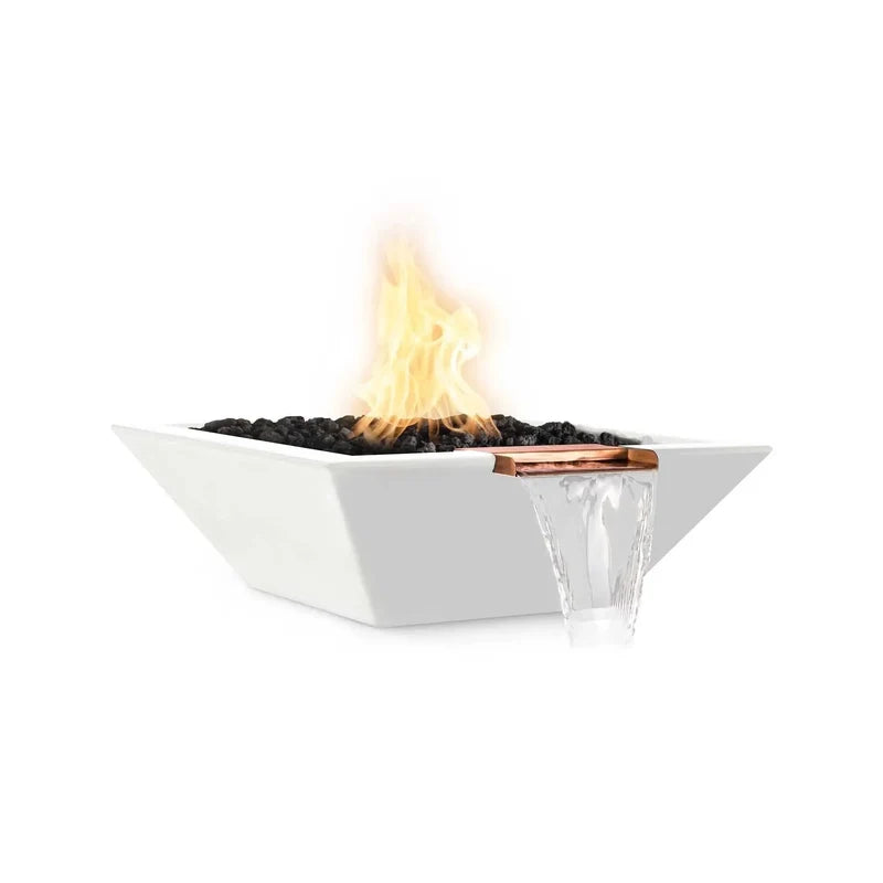 the outdoor plus maya fire and water bowl exterior view

the outdoor plus maya hammered copper fire water bowl patio setup

the outdoor plus maya fire and water feature lit at night with flame and water spillway

the outdoor plus maya copper fire and water bowl stainless steel burner close up