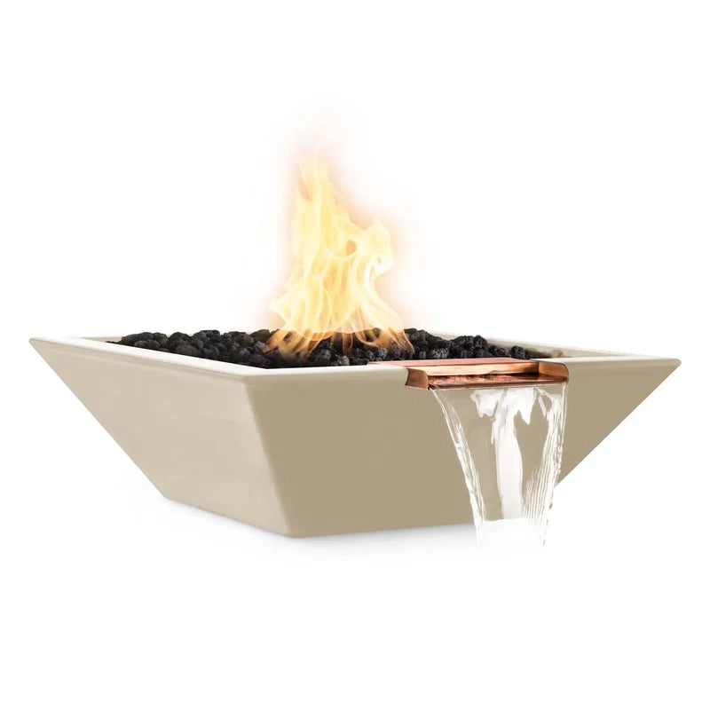 the outdoor plus maya fire and water bowl exterior view

the outdoor plus maya hammered copper fire water bowl patio setup

the outdoor plus maya fire and water feature lit at night with flame and water spillway

the outdoor plus maya copper fire and water bowl stainless steel burner close up