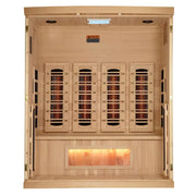 golden designs 4 person infrared sauna gdi-8040-03 exterior front view

interior canadian hemlock 4 person infrared sauna bench and salt bar

infrared heating panels inside golden designs full spectrum sauna near zero emf

chromotherapy lighting and tempered glass door golden designs 4 person infrared sauna
